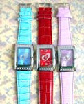 B2B jewelry trade wholesale importer supplies Fashion, imitation leather watch with silver plated frame inlaid with cz gemstones around heart motif clock face