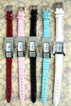 Ladies accessory online wholesale store. Colorful faux leather wrist band holding silver plated square frame embedded with rhinestones