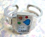 Wholesale China import B2B jewelry agency supplies Fun double band bangle bracelet watch with thick silver plated frame inlaid with colorful enamel hearts