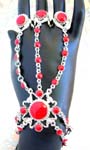 China wholesale export agent supplies Ruby red gemstone slave bracelet in star and circle design with silver plated chain that extends from wrist to three rings