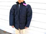 Outer wear clothing warehouse outlet imports Mens navy blue insulated winter coat with zippered front, side pockets and fleecy lined hood