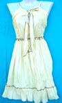 Beauty fashion wear clothing supply wholesale warehouse. Tan colored summer dress with thin straps, tie up top, sequin bodice, and decoratively stitched waist and hem