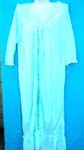 Import B2B apparel trade company supplies Lacy, light blue pajama lingerie dress in transparent fabric with thin straps, frilly hem and open back. Comes with long sleeved robe