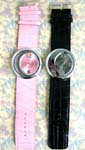 Jewelry outsourcing company exports Fun fashion watch with thick faux leather strap holding large circle, silver plated clack frame with half moon shaped, enamel decor