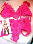 fashionable womens wholesale B2B trade agency supplies Hot pink lingerie set with decorative stitching in flower design on bra, panties, and garter belt