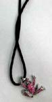 China manufacturing company distributes wholesale cz necklace jewelry. Frog shaped pendant with pink cz gemstones inlaid on body hanging from black cord necklace