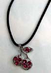 Online China jewelry gemstone wholesale munufaturing company distributes Cherry designed pendant necklace has pink and red cz gemstones inlaid in each of the two cherries and in small leaf
