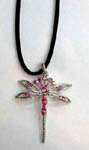 China wholesale fashion wear accessory  distributors supplying Silver plated dragon fly pendant with pink cz stones embedded in body and inlaid purple cz gems in wings and along fanned out front hanging from black cord necklace