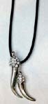Fashion replica diamond wholesaler sells fine jewelry. Two Silver plated tiger teeth shaped pendant with clear cluster of cz gemstones embedded at top of each tooth hanging from black cord