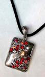 China Necklace outsourcing agent supplies Square, charm styled pendant with ruby red and purple cz crystals inlaid in intricate design