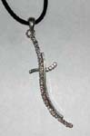 China manufactured costume cz jewelry outlet distributes Elongated silver plated pendant in curved design with cz gemstones inlaid throughout and a short T shaped bar in center also inlaid with clear crystals