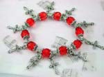 Charm bracelet China manufacturer online wholesaler supplies Red color beads with silver cross charms and flowery beads on strecthy charm bracelet