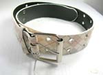China direct clothing market supplying online belts at affordable cost. Plaid design imitation leather belt in cream, pink, and blue color with a double silver buckle and fashionable holes throughout.