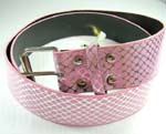 Female fashions supplied by China wholesale distributor. Silver belt with pink leopard spots accentuate this womans accessory. with a silver square buckle.