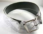 China imported clothing accessories at wholesale cost. Silver belt with cool lettering covering entire band and a silver buckle.