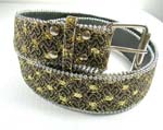 Wholesale clothing supplied by China manufacturing dealer. Brown belt with yellow circle designs and round silver beads that outline.