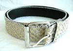 Wholesale beaded belts impoted from China factory. Fun baby blue belt with green graffiti art design and round silver beads outlining