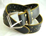 Online China wholesale fashion accessory sale for men and women. Imitation black leather belt with grey stitching and gold colored beads along side. Metal studs throughout belt along with metal lined holes to cinch up.