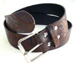 Uni-sex fashion belts distributed by China wholesale importer. Dark brown imitation leather belt with lighter brown design on top