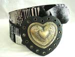 China importing agent supplying fashion belts for men and women. Black imitation leather belt with white pattern and phrases decor along and multi button holes around heart love buckle set in center 