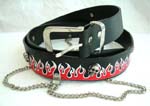 Punk clothing accessories supplied at wholesale price from China manufacturing dealer. Rock Black leather belt with red flames and silver skulls, along with silver chains to attach wallet. 