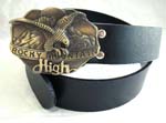 Belts supplied online at wholesale price from China distribution exporter. Black imitation leather belt with eagle on "Rocky Mountain High" metal buckle at center