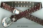 Fashion belts from China wholesale company imported for reatail sale. Imitation brown leather bealt etched in stone design with large faux gemstone on strap and on silver colored buckle