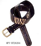 China manufacturer expots men and women fashion for reatil sale. Imitation brown leather belt with patchwork design outlined in copper colored studs.