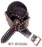 Direct from China fun fashion belts supplied by distributor. Imitation leather and copper colored studded, brown belt with metallic circle design and circular strap in dotted pattern.