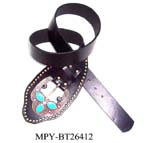 Style and fashion accessory supplied by China distribution importers. Brown imitation leather belt with large leather buckle decorated by three turquoise colored stones.