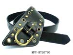 Leather belt supplied online by China wholesale outlet. Imitation black leather belt expands to large front area where metal studs and metal outlined holes decoratethroughout.