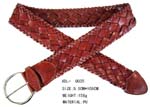 Fun clothing accessory supplied wholesale by China importing agent. Woven design, dark red imitation leather belt with circular buckle.