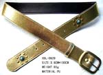 Made in China belts and accessories exported at wholesale price. Faux leather glittery gold belt with fun fashion design on tip of strap