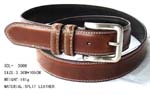 Made in China fashion belts and accessories supplied wholesale for retail sale. Classic brown split leather belt with white stiching along edges abd silver buckle.