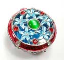 Enamel jewelry box with 5 blue flower forming a big flower pattern in red color and mini blue flower inlaid around, magnet lock design