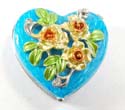 Enamel heart shape jewelry box motif floral garden on lid, enamel in blue color