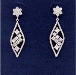 Online women dress accessory wholesaler supplies gemstone earrings. Diamond shaped earings with zigzag pattern made from cz stones in the center which is held by a flower stud of plated rhodium and cz chrystal.