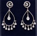 Earring fashion jewelry supplier wholesales discount cz styles. Oval shaped dangling earings with spiral stud and simulated diamond stones hanging in the center and below the hoop.