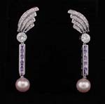 Buy gemstone earring online from import distribution business. Imitation pink pearl hanging at bottom of purple cz stone column with fan motif above large clear cz chrystal and embedded with clear cz stones. 