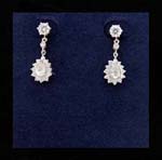 Engagement jewelry distributed wholesale to retail shops. Tear drop shaped rhodium plated sunflower with cz stone at center and in stud