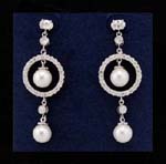 Fashion jewelry store distributes wholesale gemstone jewelry for ladies. Imitation pearls hanging beneath and inside rhodium plated circle suspending from cz stone stud. 