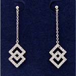 China factory fashion wholesaler supplies beautiful cz earrings. Stylish double diamond design with inlaid cz stones, overlapping extended down from a rhodium plared chain