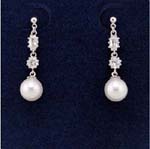 Custome jewelry factory supplies wholesale cz earrings online. Two beautiful cz stones on rhodium plated chain suspending an imitation pearl.
