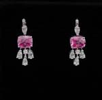 Crystal jewelry store distributor supplies fashion earrings online. Large pink cz stones in sqare cut with three clear cz chrystals hanging below and one inlaid in stud.