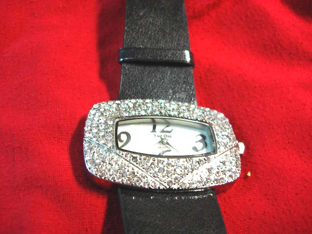 Import jewelyr distributor - Black strap on gem embedded fashion watch with large rectangular frame