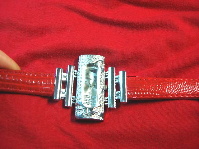 Quality red imitation leather strap holding long rectangle clock face in silver with cz stones. Import gifts wholesale