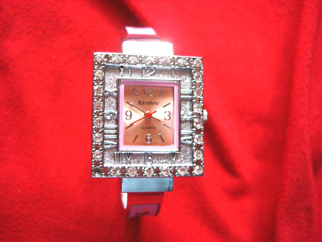 Gift jewelers online Pink tinted thin strap holding double square framed fancy watch