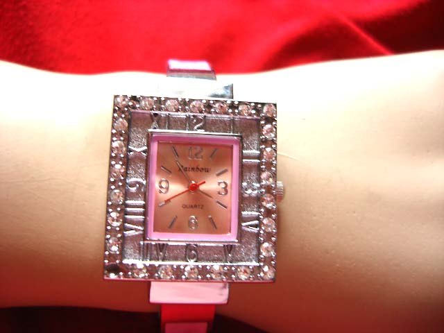 Teens fun fashion watch in pink with gemstone lined square frame to clock face  collection catalog wholesaler