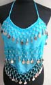 Belly dance fashion aqua skirt and top set with fancy money hanging on top and skirt bottom