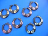 Spring design organic wood hoop earrings with painted flower theme